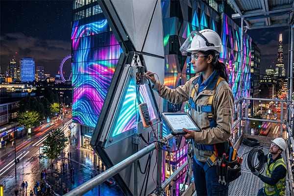 An engineer on-site inspecting the installation of durable, weatherproof LED fixtures on a building exterior.